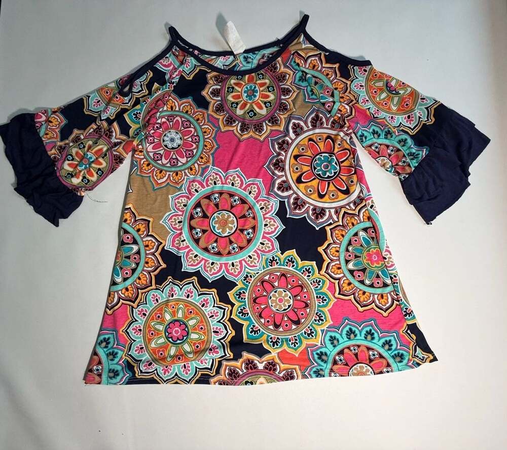 Lilypad Multi Mandala Print Cold Cold Shoulder Bell Sleeve Top M